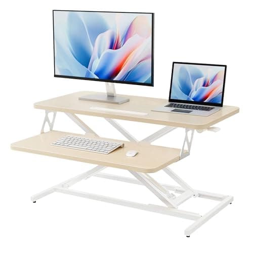 Image of ERGOMAKER Height Adjustable Standing Desk Converter - 81cm (32 Inch) Wide Platform Tabletop Workstation - Quick Sit to Stand Desk Riser for Dual Monitors Golden Oak