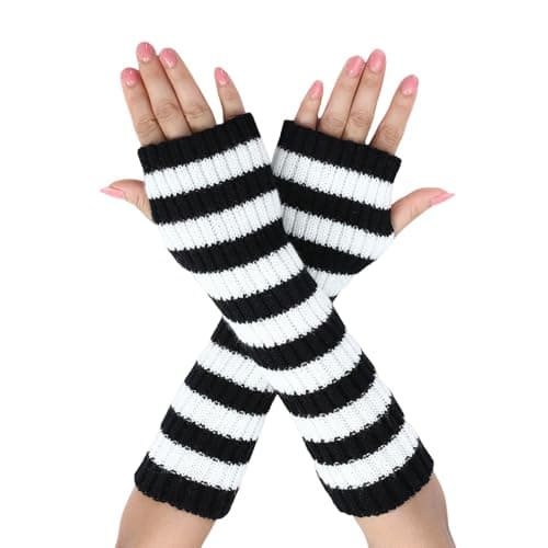 Image of Suxgumoe Women Arm Warmers, Knitted Long Sleeve Fingerless Gloves Mittens Winter Wrist Warmers with Thumb Hole for Ladies Girls (C Black+White)