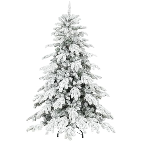 Image of HOMCOM 5ft Artificial Christmas Tree, Snow Flocked Christmas Tree with Realistic Dense Branches, Hinged Design, Metal Stand, Wide Shape, Easy Assembly, Xmas Home Decoration, Green White
