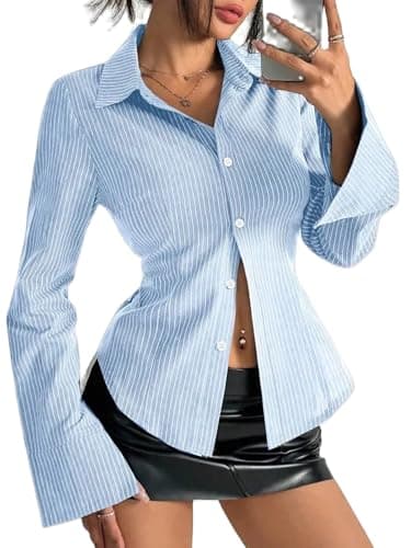 Image of Women Y2K Striped Button Down Shirts Dress Shirts Long Sleeve Gingham Tee Collared Office Work Shirt Blouse Top (B Light Blue, M)