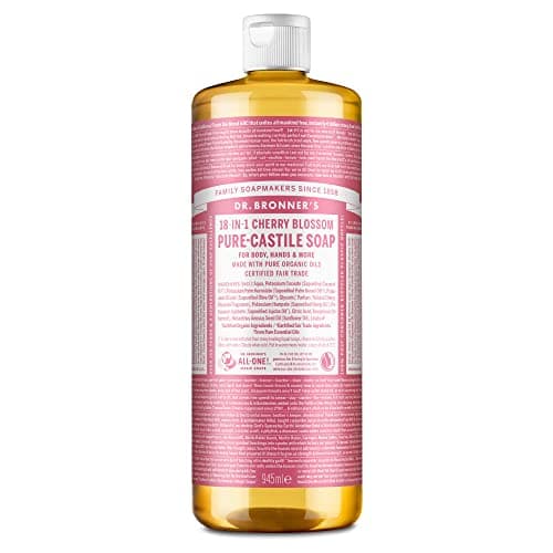 Image of Dr Bronner's Cherry Blossom Pure Castile Liquid Soap, Made with Non-GMO Ingredients, Used for Face, Body, Hair, Laundry, Pets and Dishes, Certified Fair Trade & Vegan Friendly, 945ml Recycled Bottle