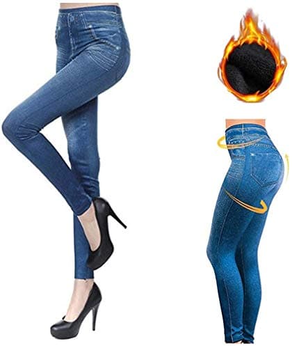 Image of Aventy Thermal Fleece Lined Denim Look Ripped Skinny Legging Jeggings - Women's High Waist Thick Stretchy Ripped Pants (Blue, XL)