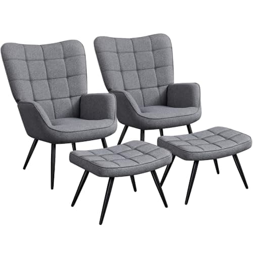 Image of Yaheetech Armchair with Ottoman Set, Modern Linen Fabric Accent chair with Footrest, Oversized Tub Chair with High Back and Metal Legs for Living Room Bedroom, Gray, 2pcs