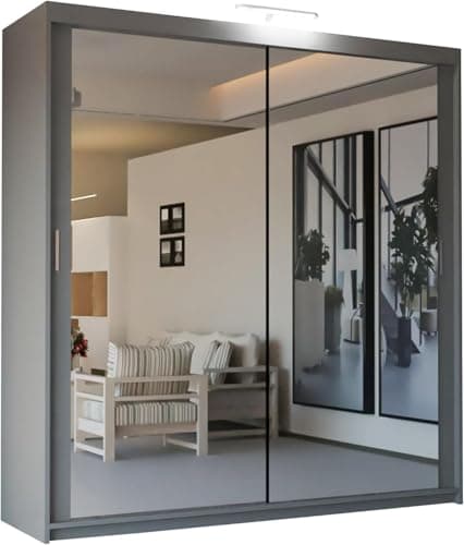 Image of SLIDING WARDROBE 4U Mirror Sliding 2 or 3 Door Wardrobe with LED Light 90cm/120cm/150cm/180cm/203cm/250cm White-Black-Grey-Walnut-Wenge-Oak (Grey, 203cm)