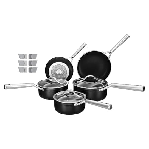Image of 5 Piece Pots & Pan Set, Non Stick 16,18,20cm Saucepans, 20,24cm Frying Pans, Stainless Steel Handles, Oven Safe PTFE Free, Suitable for Induction, Gas and Electric Hobs Includes Tempered Glass Lids
