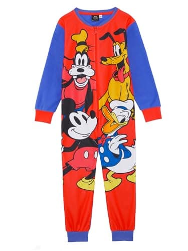 Image of Disney Mickey Mouse Official Boys Onesie, Sleepsuit, All in One Pyjamas Featuring Mickey Mouse, Donald Duck, Goofy and Pluto, Red/Blue, Age 5-6 Years