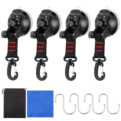 Image of 4Pcs Heavy Duty Suction Cups, Suction Cup with 360° Rotatable D-ring Strap Hook, Vacuum Window Suckers Incl Wiper S-hook, Awning Suction Cups, Versatile Suction Cup Hooks for Camping Car Glass Tile