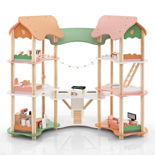 Image of COSTWAY Wooden Dollhouse, Luxury Kids Dolls House with 7 Rooms, 31pcs Furniture Accessories, Stairs, 3-Story Toddler Play Set for Ages 3+ (Green)