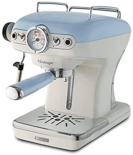 Image of Ariete 1389/15 Retro Style Espresso Machine and Built-in Milk Frother, Barista Coffee Maker Perfect for Americanos, Lattes and Cappuccinos, Filter Holder for Powder or Pods, Blue