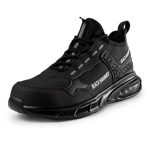 Image of Black Hammer Lightweight Safety Trainers for Men - Air Bubble Comfort, Non-Slip Work Shoes, Steel Toe Cap with Pull Tie Laces Day Wear 5599 Black (11 UK)