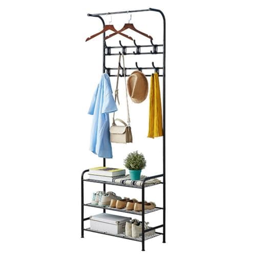 Image of Heavy Duty Hat and Coat Rack with 3 Tiers Storage Shelves, 180cm Tall Clothes Rail Garment Rack Display Hanging Rail Clothing Stand Hanger 16 Hooks Black