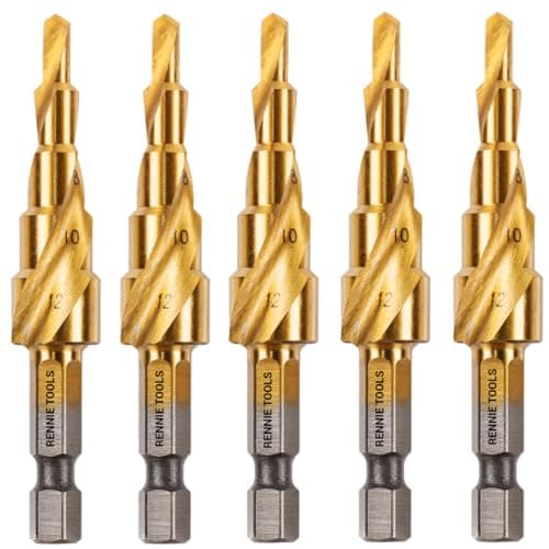 Image of 5 Pack - 4mm to 12mm Spiral Flute Step Drill Bits High Speed Steel Titanium Coated, Metric Hex Shank, HSS Tool Set for DIY Plastic Wood Steel Metal Aluminum. Cone Cutter Hole Cutter Drill Bits