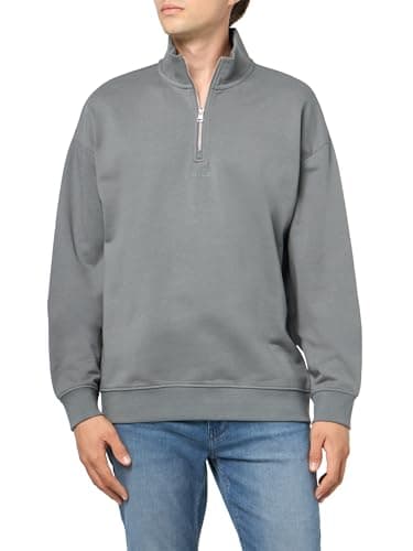 Image of HUGO Men's Square Logo Quarter Zip Cotton Long Sleeve Sweatshirt, Lava Smoke, XL