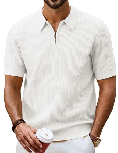 Image of PJ PAUL JONES Men's Polo Shirts Short Sleeve 1/4 Zip Polos Stretch Polo Shirts for Men Slim Fit White M
