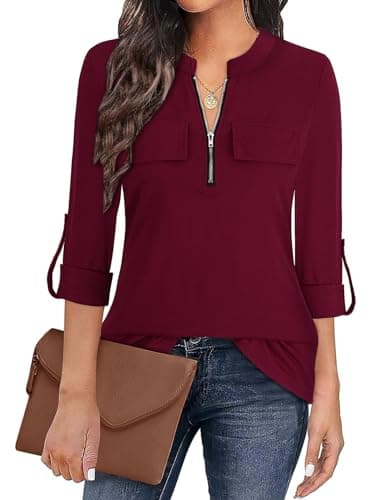 Image of Gemulate Tops for Women UK Womens Zip Up Plaid Tunic Blouse 3/4 Roll Sleeve Polo Top Basic Tops Women Floral Printed Shirts -Black Wine Red, M