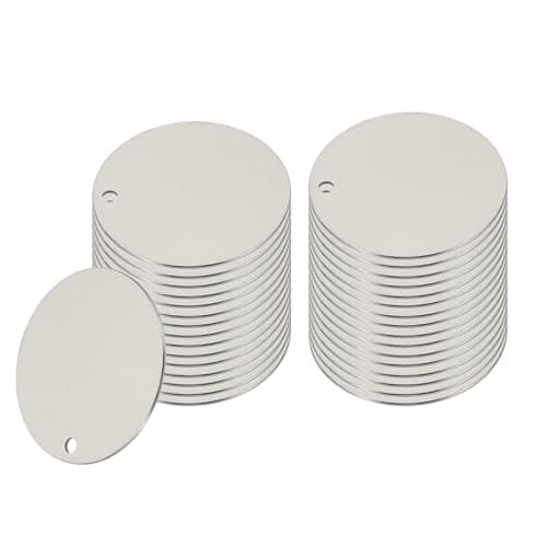 Image of PATIKIL 32 Pcs Metal Stamping Blanks, 40mm Round Name Tags Stainless Steel Circle Blanks Label Flat Plate Disc with Hole for Laser Engraving Stamping Dog Tags Keychain Making, Silver Tone
