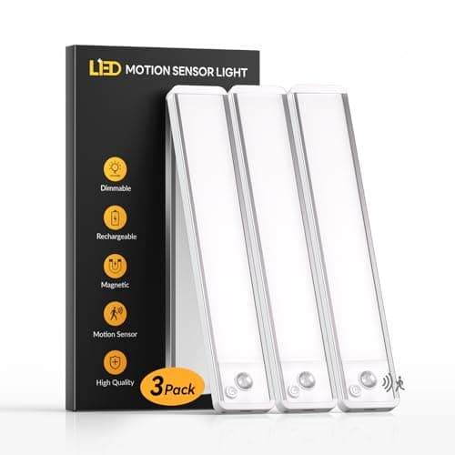 Image of Under Cabinet Kitchen Lights 3 Pack - 6000K LED Motion Sensor Lights Indoor, 1100mAh Rechargeable Light, Dimmable & Magnetic Wireless Under Counter Lights for Cupboard|Shelf|Wardrobe|Stairs, 20CM