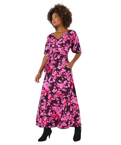 Image of Joe Browns Women's Print Floral Wide Sleeve Button-Through Maxi Dress, Regular, Pink, UK 12