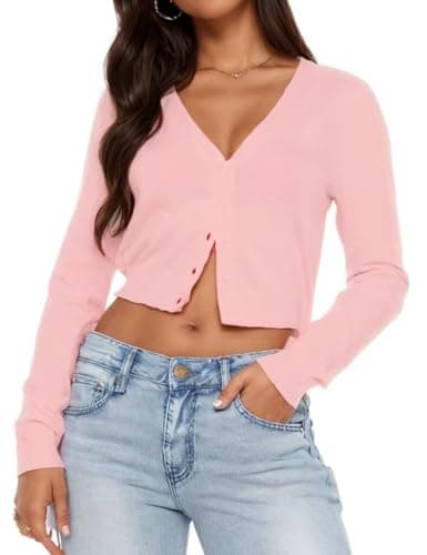 Image of LACOZY Women's Long Sleeve Cropped Lightweight Cardigan Sweater Button Down Shirt V Neck Blouse Open Front FAL Tops Pink 2XL