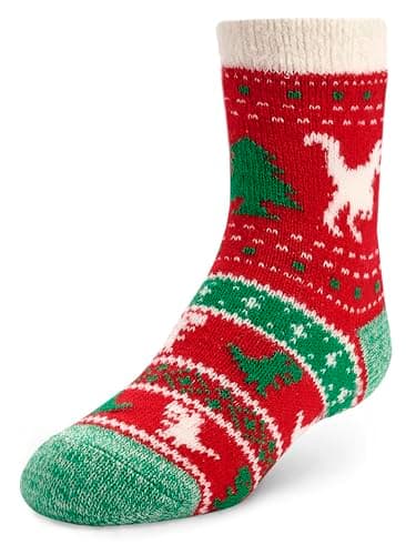 Image of Yaktrax Cabin Socks,Aloe-Infused Double-Layer Cosy Socks with Plush Lining,Ultra-Soft & Fully Cushioned for Warmth & Comfort,Stylish Winter Gift for Indoor & Outdoor Wear,Dino Red,UK Kids Size 10-2.5