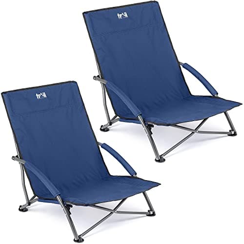 Image of Trail Outdoor Leisure Low Folding Beach Chair, Lightweight Portable Camping Festival Picnic Lounger Seat, Padded Armrests, Carry Bag with Strap (2 x Navy Blue)