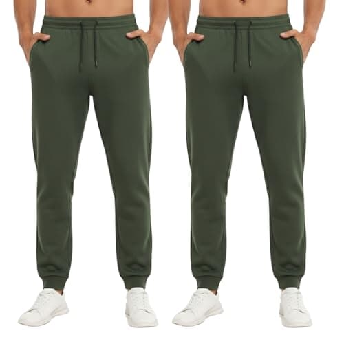 Image of Joggers for Men UK 2 Pack | Tracksuit Bottom Pants, Fleece Jogging Sweatpant & Work Trouser for Men | Stylish & Ideal for Walking, Gym, Running, Travel & Casual Wear | Military Green, X Large
