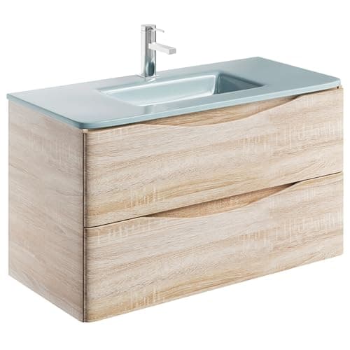 Image of Go Bathrooms Eaton Pale Oak 900mm Wall Hung Vanity Unit Inc White Glass Basin Under Sink Vanity Unit Bathroom Cabinet Storage Vanity Sink