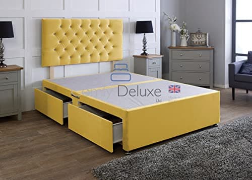 Image of Comfy Deluxe LTD Divan Bed Base - 3FT Single, Mustard | Plush Velvet Bed Frame with 26 Inch Chesterfield Headboard | No Mattress Included | 2 Same Side Storage Drawers | UK Made