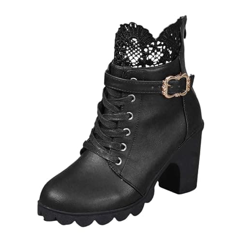 Image of Generisch Women's Winter Casual Rhinestone Buckle Lace Splicing Block Heel Zip High Heeled Ankle Boots Short Boots, black, 9 UK