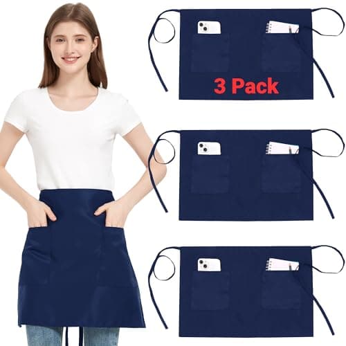 Image of 3 Pack Waist Apron with 3 Pockets, Navy Blue Waitress Waiter Aprons for Women Man, Water Resistant Server Aprons Long Straps Bistro Apron for Chef Restaurant Work Bar (3, Navy Blue - 27.56''X 18.11'')