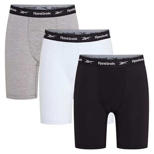 Image of Reebok Men’s Sports Trunks, Breathable Medium Length Pants with Branded Stretch Waistband – Pack of 3 in Black,White,Grey Marl