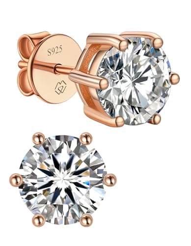 Image of MomentWish Rose Gold Studs Earrings, 3Ct/7.5mm Moissanite Rose Gold Diamond Earrings Hypoallergenic Sterling Silver Studs Sparkly Solitaire Gift for Women Her Men with Gift Box