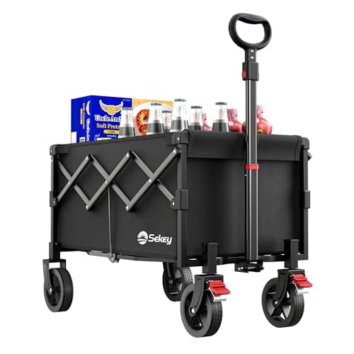 Image of Sekey 220LBS Folding Camping Trolley, Heavy Duty 100L Large Capacity Garden Wagon Cart with All-Terrain Wheels, Lightweight Outdoor Utility Foldable Festival Trolley for Grocery, Shopping, Black