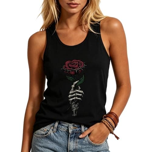 Image of MILAKOO Grunge Punk Rose Graphic Tank Top for Women Goth Style Skull Skeleton Hand Print T-Shirt, L