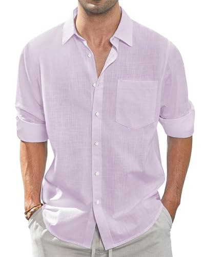Image of J.VER Men's Linen Cotton Shirts Long Sleeve Regular Fit Casual Solid Lightweight Summer Beach Shirt with Pocket Lavender L