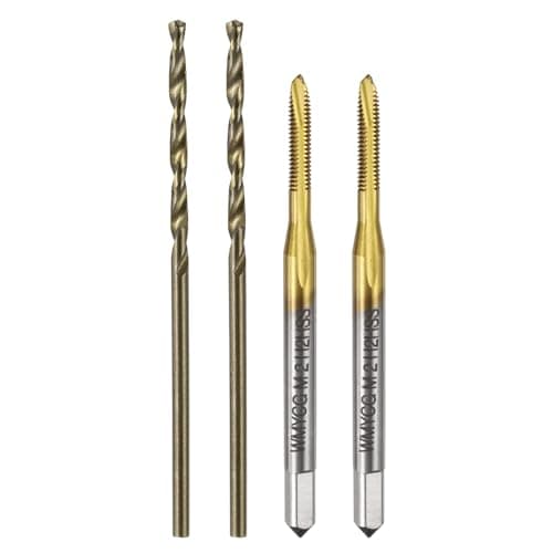 Image of sourcing map Metric Tap & Drill Bit Set, 2pcs M2 x 0.4 Spiral Point Thread Taps Titanium Coated and 2pcs 1.6mm Twist Drill Bits Roasted Yellow, Screw Tapping Threading Tools