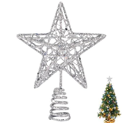 Image of KEYIDO Small Christmas Tree Topper Silver Star for Christmas Tree Metal Mini Xmas Star Decorations Width 12cm/4.7Inch High 15cm/6Inch