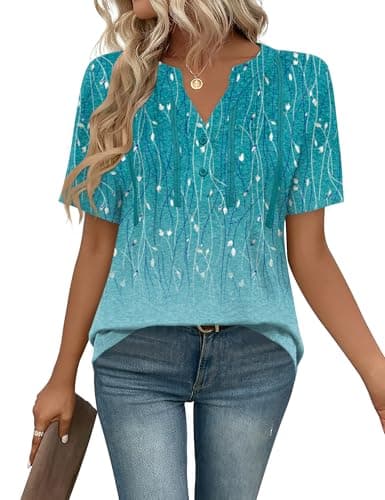 Image of IECCP Ladies Tops Plus Size Clothing for Women Short Sleeve T-Shirts Dressy Tunic Buttons Floral Printed Blouses Clothes Blue XXL (UK 20-22)