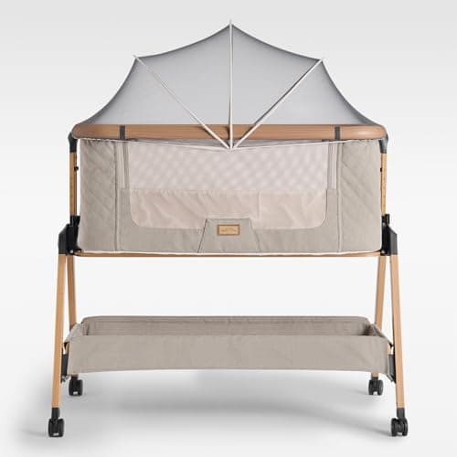 Image of SnooBee Next To Me Bedside Crib & Baby Co-Sleeper – 6 Height Levels, Wheels, Quilted Mattress, Breathable Mesh Sides with Mosquito Net, Foldable Baby Cot with Carry Bag (0–6 Months) - Khaki/Pine