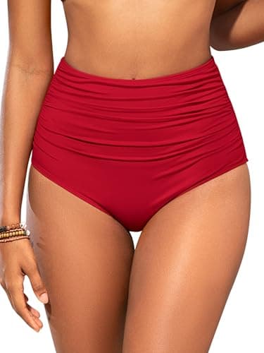 Image of SHEKINI Women Shaping Swimwear Bottoms High Waisted Bikini Bottom Tummy Control Ruched Swim Brief Bottom, Red, Large