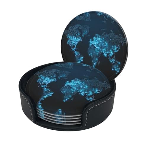 Image of World Map Print Chic Round Leather Coasters â€“ Set Of 6 Full-Print Coasters In A Premium Pu Leather Storage Box