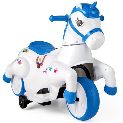 Image of GYMAX Kids Electric Motorbike, 12V Ride on Unicorn with Training Wheels, Horse Riding Mode and Music, Children Motorcycle for Girls Boys (Blue+White)