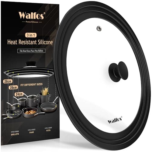 Image of Universal Lid for Pots, Pans and Skillets - Tempered Glass with Heat Resistant Silicone Rim, Fits 24cm, 26cm and 28cm Diameter Cookware (Black)