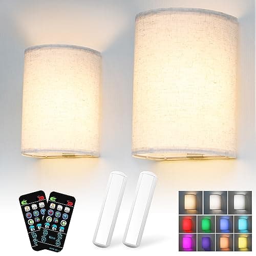 Image of Battery Operated Wall Lights 2 Pack, RGB Colors Changeable Dimmable Height Fabric Sconces, Wireless Wall Sconces with Remote, 2500mAh Rechargeable Wall Lamp for Bedroom Living Room Hallway