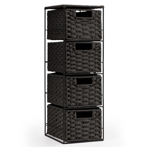 Image of EHC Drawers Storage Unit Baskets, 4 Drawer Wicker Hand-Woven Storage boxes Shelves, Slimline Ideal For Organising Home or Office - Black