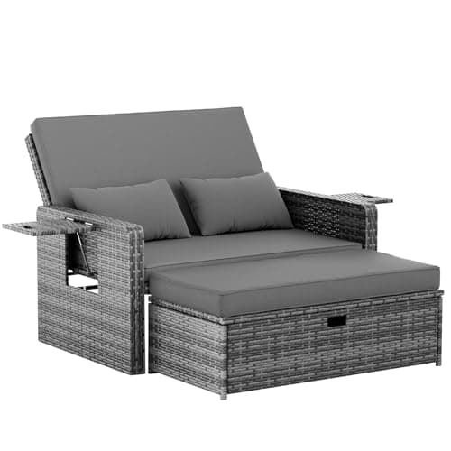 Image of Amopatio Rattan Daybed Garden Furniture Set, Outdoor Loveseat Sofa with Storage Ottoman, Sunbed Sofa Set with Cushions/Adjustable Backrest/Retractable Trays for Balcony, Patio, Grey
