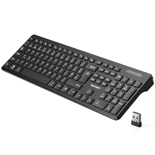 Image of TECKNET Wireless Keyboard, 2.4G USB and Bluetooth Keyboard UK Layout, Full Size Ergonomic Keyboards for Office Home Laptop Computer Tablet Desktop with 105 Days Standby Time, Black