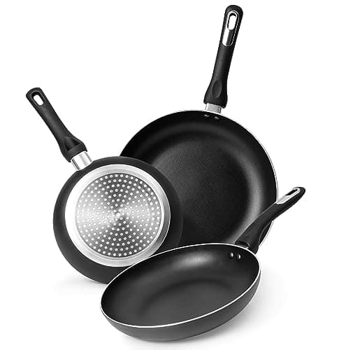 Image of nuovva Induction Hob Pan Set – 3pcs Non Stick Frying Pan – Chefs Kitchen Cookware Nonstick – Black, 20cm, 24cm & 28cm Frying Pans Set