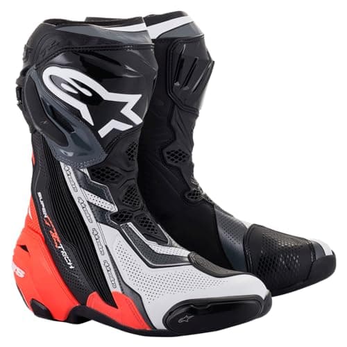 Image of Alpinestars Supertech R Vented Racing Motorcycle Boots, CE-Certified, Lightweight, Advanced Ventilation & Grip, 47, Black/Red Fluo/White/Gray