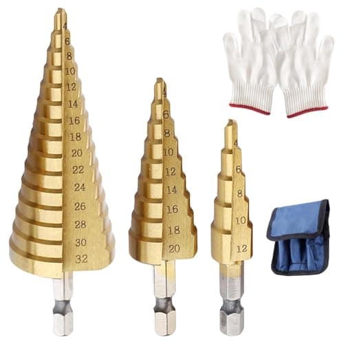 Image of Zolventiq HSS Step Drill Bits Set, 3PCS Titanium Coated HSS Spiral Drill Bit - (4-12mm, 4-20mm and 4-32 mm) and Work Gloves for Wood, Stainless Steel, Iron Plate, Aluminum, Plastic, PVC Board